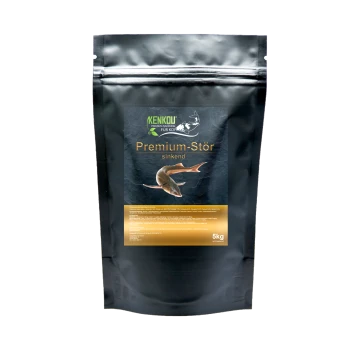 Schwarze Tüte Kenkou Premium Stör sinkendes Koi-Futter, 5kg, mit einer Fischgrafik und Nährwertinformationen auf der Vorderseite.
