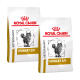 Zwei Beutel Royal Canin Veterinary Urinary S/O Katzenfutter, mit einem schwarz-weißen Bild einer Katze auf jedem Beutel.