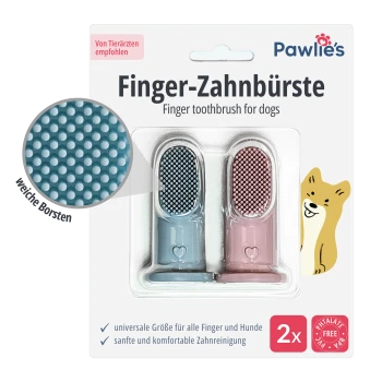 Pawlie's Fingerzahnbürsten-Pack (Fingerzahnbürste für Hunde) mit zwei Silikon-Fingerbürsten (blau, rosa) und 2× Etikett.