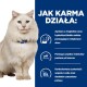 Puszysty biały kot z niebieskimi oczami siedzi obok niebieskiego tła z tekstem o korzyściach z karmy dla kotów, w tym redukcji stresu i równowagi pH.