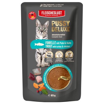 Fleischeslust Katzenfutter-Beutel Pussy Deluxe — Forelle mit Pute & Hühnchen Pâté, 85 g, getreidefreies Alleinfuttermittel