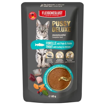 Fleischeslust Katzenfutter-Beutel Pussy Deluxe — Forelle mit Pute & Hühnchen Pâté, 85 g, getreidefreies Alleinfuttermittel