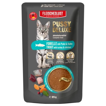 Fleischeslust Katzenfutter-Beutel Pussy Deluxe — Forelle mit Pute & Hühnchen Pâté, 85 g, getreidefreies Alleinfuttermittel