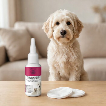 Pluizige kleine hond achter een fles met het etiket "TRÄNENFLECK ENTFERNER" (traanvlekverwijderaar, Take Care) en twee wattenpads op tafel.