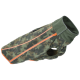Camo-patterned fleece dog jacket with orange zippers and a high collar, designed for warmth and comfort.