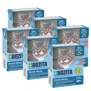 Sechs Boxen Bozita Fresh Menu Katzenfutter mit Atlantischem Makrele, mit einer getigerten Katze und Text über 89% tierische Zutaten.