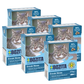 Sechs Boxen Bozita Fresh Menu Katzenfutter mit Atlantischem Makrele, mit einer getigerten Katze und Text über 89% tierische Zutaten.