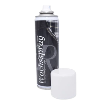 Sprühdose mit Wachsspray ohne weißen Deckel, beschriftet mit „Wachsspray“ zur Imprägnierung und Pflege.