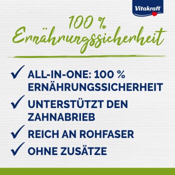 Vitakraft-Anzeige mit "100% Ernährungsicherheit" und Vorteilen: Alles-in-einem, unterstützt die Zahngesundheit, reich an Ballaststoffen, keine Zusatzstoffe.