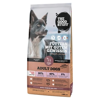 Eine Tüte Premium-Hundefutter mit einem schwarz-weißen Hund, beschriftet mit "THE GOOD STUFF", "ERWACHSENE HUNDE" und Nährwertinformationen: 60% Fleisch, 40% Protein.