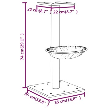 Illustration einer Futterstation für Haustiere mit Abmessungen: Höhe 74 cm (29,1'), obere Plattform 22 cm (8,7'), Basis 35 cm (13,8').