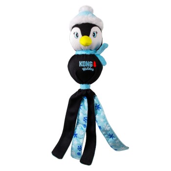 KONG Wubba penguin dog toy with blue winter hat, scarf, and snowflake-patterned legs on white background.