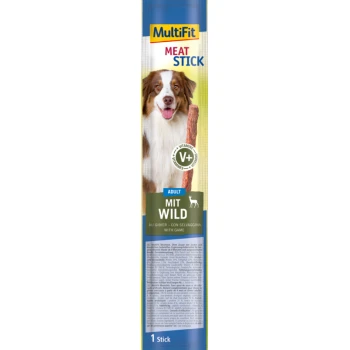 MultiFit Meat Stick für Hunde, mit einem braun-weißen Hund auf der Verpackung, beschriftet "Adult Mit Wild" mit Vitaminen.