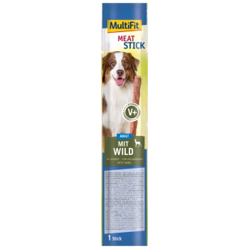 MultiFit Meat Stick pour chiens, présentant un chien marron et blanc sur l'emballage, étiqueté "Adult Mit Wild" avec des vitamines.