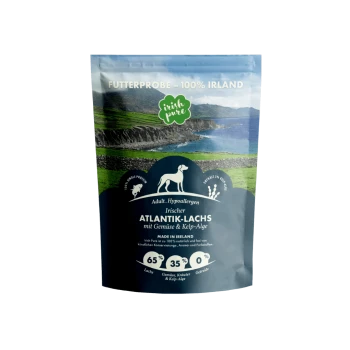 Hypoallergene Hundefuttertüte mit irischem Atlantiklachs, Gemüse und Algen, die 65% Lachs und 35% Gemüse hervorhebt.