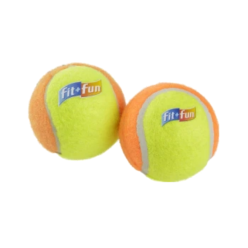 Zwei bunte Haustier-Tennisbälle, einer leuchtend gelb mit einem grauen Streifen und einer orange, beide mit dem Logo 'fit+fun'.
