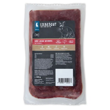Vakuumverpacktes rohes Tierfleisch mit Liebesgut-Etikett „BARF-Menü Wildhase“, 400 g, sichtbare Symbole (glutenfrei, laktosefrei).