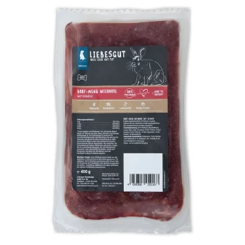 Vakuumverpacktes rohes Tierfleisch mit Liebesgut-Etikett „BARF-Menü Wildhase“, 400 g, sichtbare Symbole (glutenfrei, laktosefrei).