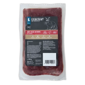 Vakuumverpacktes rohes Tierfleisch mit Liebesgut-Etikett „BARF-Menü Wildhase“, 400 g, sichtbare Symbole (glutenfrei, laktosefrei).