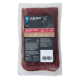 Vakuumverpacktes rohes Tierfleisch mit Liebesgut-Etikett „BARF-Menü Wildhase“, 400 g, sichtbare Symbole (glutenfrei, laktosefrei).