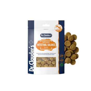 Dr. Clauder's Intestinal Balance Snack Ergänzung für Haustiere, mit sichtbaren runden braunen Leckerlis und Verpackungsdetails.