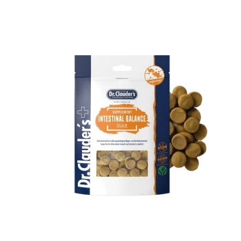 Dr. Clauder's Intestinal Balance Snack Ergänzung für Haustiere, mit sichtbaren runden braunen Leckerlis und Verpackungsdetails.