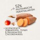 Bild von Zutaten für Tierfutter: Süßkartoffeln, Tomaten und proteinreiche Einsiedlerlarven, mit Text, der "52% proteinreiche Hermitlarven" hervorhebt.