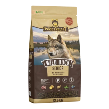 Wolfsblut Wild Duck Senior Hundefutterbeutel mit Wolfsbild, Enten- und Kartoffelgeschmack, 12,5 kg, recycelbare Verpackung.