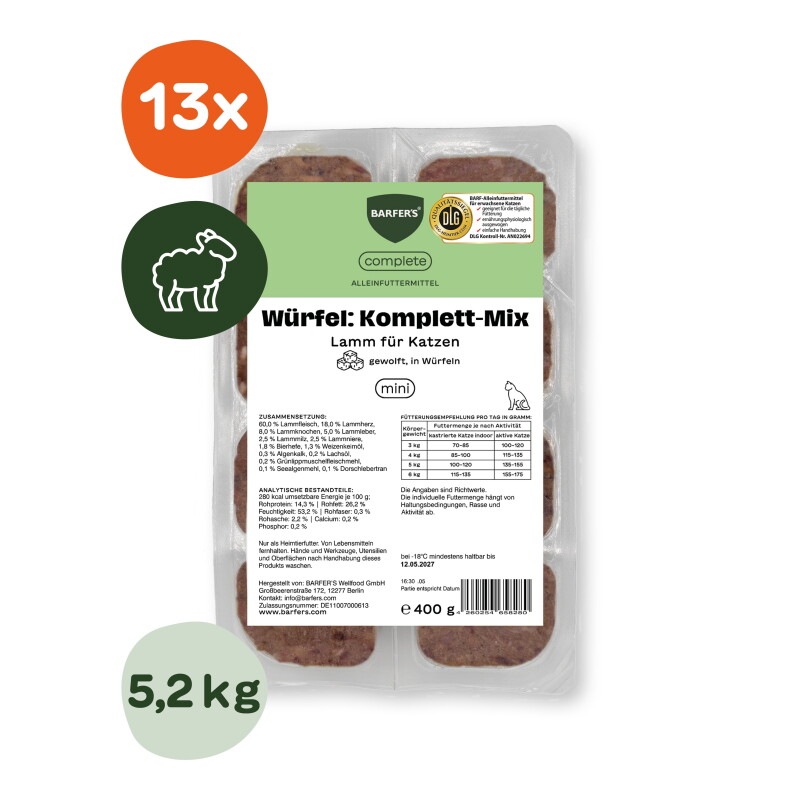 BARFER'S Würfel: Komplett-Mix Lamm für Katzen 13x400 g