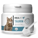 Behälter von REAVET+ Taurin, einem wichtigen Nährstoff für Katzen, mit einem Bild einer grauen Katze, 100g Größe und Text in deutscher Sprache.