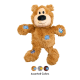 Braunes Plüsch-Teddybär-Spielzeug mit blauen Stoffflicken; Etikett "Verschiedene Farben" und drei Farbfelder darunter