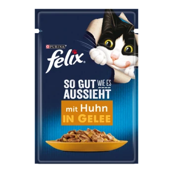 Pochette de nourriture pour chat Felix avec un chat noir et blanc espiègle regardant à travers une section déchirée, avec le texte "SO GUT WIE ES AUSSIEHT mit Huhn IN GELEE."