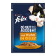 Pochette de nourriture pour chat Felix avec un chat noir et blanc espiègle regardant à travers une section déchirée, avec le texte "SO GUT WIE ES AUSSIEHT mit Huhn IN GELEE."