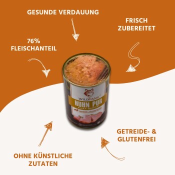 Dose Wildfang Huhn Pur auf orange-weißer Anzeige mit deutschem Text „76% Fleischanteil“ und „Frisch zubereitet“.