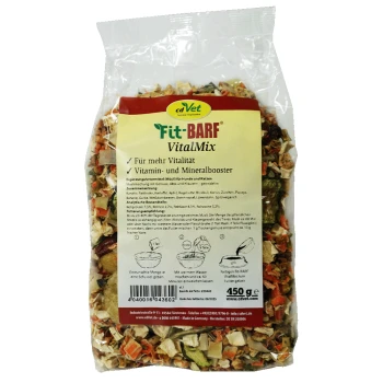 Eine 450g Tüte cdVet Fit-BARF VitalMix Tierfutterergänzung für Hunde und Katzen, mit getrocknetem Gemüse und Früchten sowie deutschen Anweisungen.