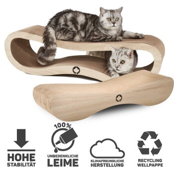 Zwei Katzen, die sich auf einem stilvollen hölzernen Kratzbaum mit geschwungenem Design entspannen, mit Symbolen für Stabilität, umweltfreundliche Materialien und Recycling.