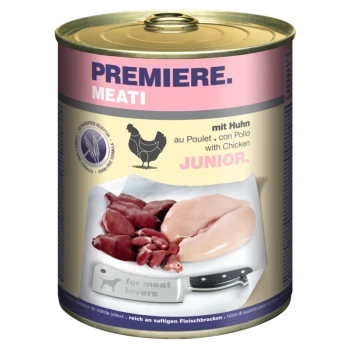 Dose mit "Premiere Meati" Haustierfutter mit Huhn, rohem Hühnerbrustfilet und Fleisch auf einem Schneidebrett mit einem Messer und dem Text "für Fleischliebhaber".