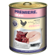 Dose mit "Premiere Meati" Haustierfutter mit Huhn, rohem Hühnerbrustfilet und Fleisch auf einem Schneidebrett mit einem Messer und dem Text "für Fleischliebhaber".
