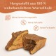 Hergestellt aus 100% unbehandeltem Wurzelholz, mit Symbolen für keine Konservierungsstoffe, Duftstoffe oder Farbstoffe.