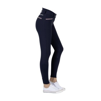 Marineblaue Reitleggings mit hohem Bund, mit weißen und roten Streifen und einem strukturierten Griffbereich am inneren Bein.