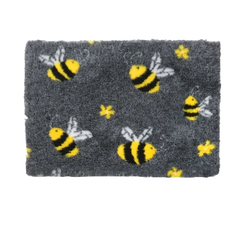Rectangular gray plush pet mat with yellow-and-black bumblebee motifs and small yellow flowers.