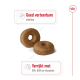 Twee bruine, donutvormige traktaties voor huisdieren worden getoond, met tekst die hun verteerbaarheid en verrijking met EPA, DHA en vitamines benadrukt.