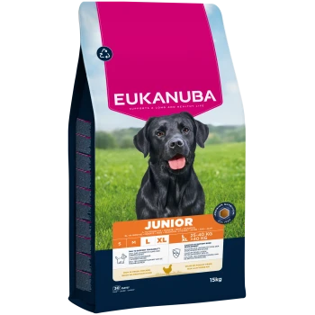 Eukanuba Junior Hundefutterbeutel mit schwarzem Labradorbild, für Hunde von 4-24 Monaten, reich an frischem Huhn, 15 kg.