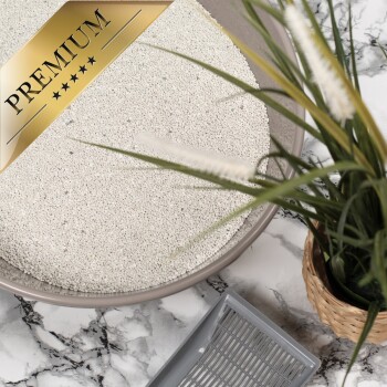 Premium Katzenstreu in einer beigen Schüssel auf einer Marmoroberfläche, mit einer kleinen grauen Streuschaufel und einer Topfpflanze in der Nähe.