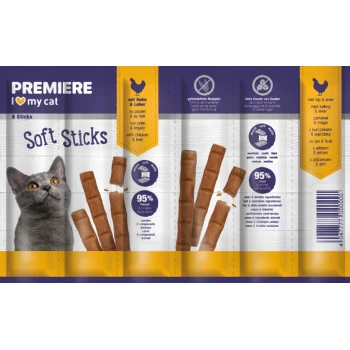 PREMIERE I love my cat Soft Sticks mit Huhn & Leber, 95 % Fleisch, 6 Sticks, Katzenleckerlipackung mit grauem Katzenbild.