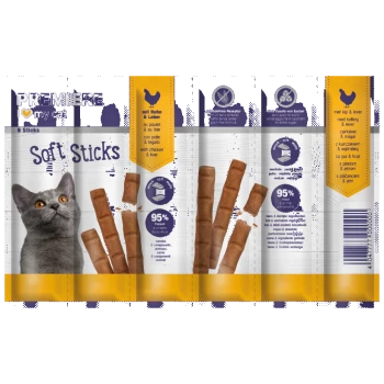 PREMIERE I love my cat Soft Sticks mit Huhn & Leber, 95 % Fleisch, 6 Sticks, Katzenleckerlipackung mit grauem Katzenbild.