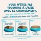 Infographie en français : transition alimentaire sur 3 jours — Jour 1 et 2 : 50 % pâtée actuelle + 50 % nouveau produit ; Jour 3 : 100 % nouveau.