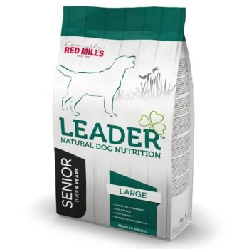 Bag of Leader Natural Dog Nutrition for senior dogs, large size, green and white design, highlighting chicken as the main ingredient.
