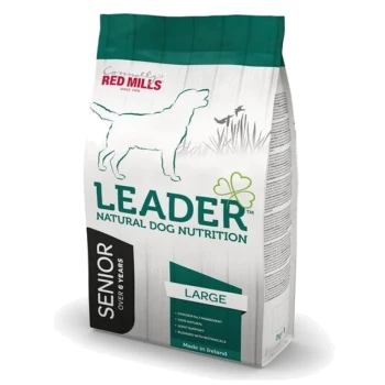 Bag of Leader Natural Dog Nutrition for senior dogs, large size, green and white design, highlighting chicken as the main ingredient.