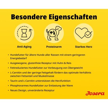 Gelbes Panel 'Besondere Eigenschaften' mit Symbolen 'Anti-Aging', 'Proteinarm', 'Starkes Herz' und Josera-Logo